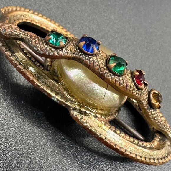 Antique Victorian Snake Brooch Pin Glass Gems Faux Pearl Serpent Jewelry Vintage - Picture 5 of 9